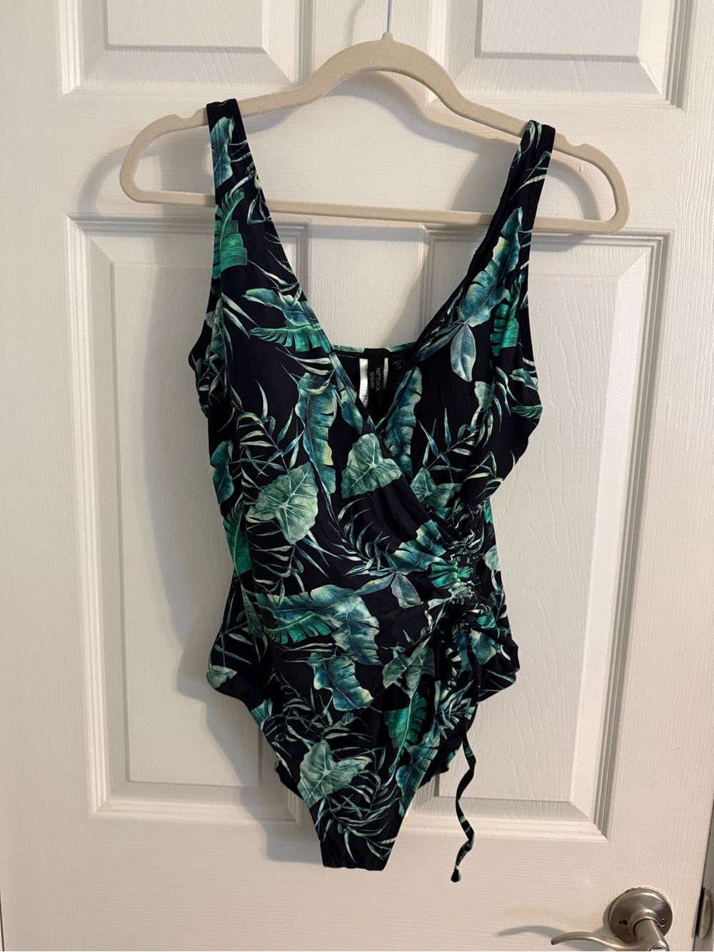 Green Tropical Leaf One-Piece Swimsuit - V-Neck Ruched Sides
